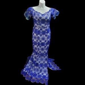 Floor Length Blue and White Handmade Dress